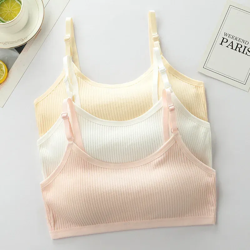 Color: Beige, Kid Size: 2T - 3pcs Cotton Children Innerwear Girls Bras Removable Sponge Cup Puberty Students Training Bras Breathable Teenage Girl Brassieres