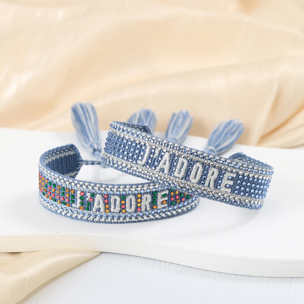 Metal Color: Hot Stamping - Bling Crystal Woven Friendship Bracelets Adjustable Rope Stackable Bangle For Women