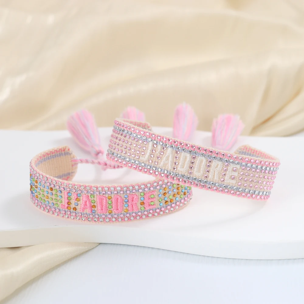 Metal Color: Hot Stamping - Bling Crystal Woven Friendship Bracelets Adjustable Rope Stackable Bangle For Women