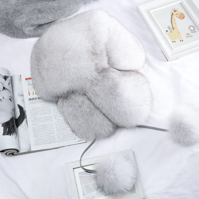 Color: Pink, Hat Size: 55 - 2025 Winter 100% Real Silver Fox Fur Bomber Hat Raccoon Fur Ushanka Cap Trapper Russian Men's Ski Hats Caps