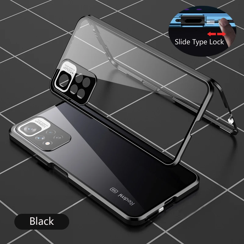 Color: black, Bundle: Case & Screen Protector, Material: aluminum - Full Protection Case Metal Magnetic Double Sided Glass Snap Lock Case For XiaoMi Redmi Note 13 Pro Plus 5G Bumper Phone Cover