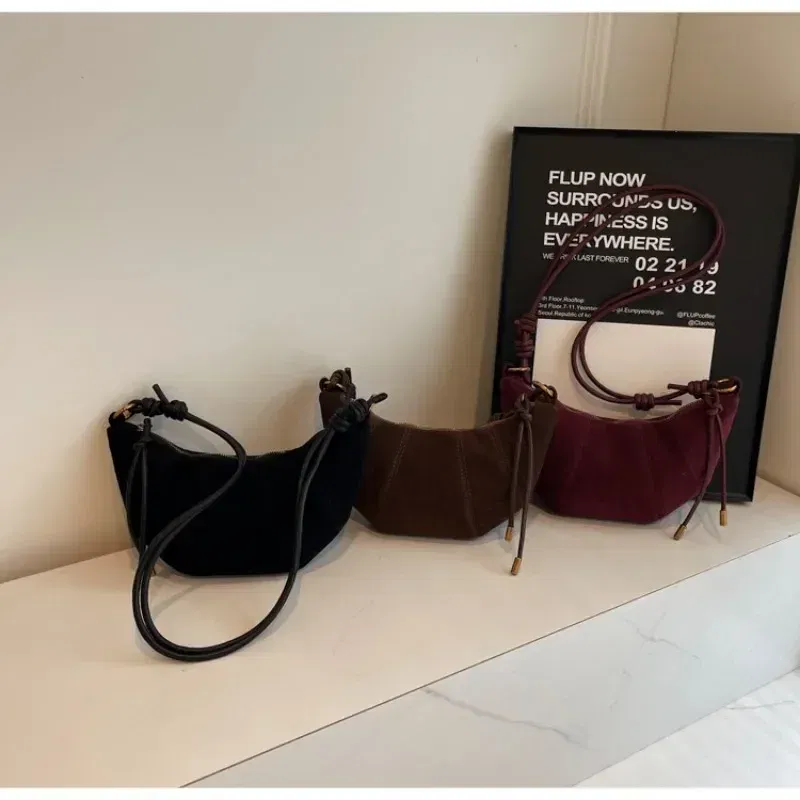 Color: Coffee - Velvet Material Zipper 2024 High Quality Shoulder Bag Solid Color Simple Fashionable Crossbody Bag Soft Western Style Handbag