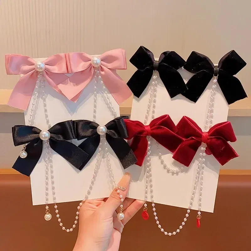 Color: black - Elegant Pearl Bow Tassel Hair Clip Solid Velvet Hair Claw Children Princess Best Hairpins New Fashion Beauty Hair Accessories