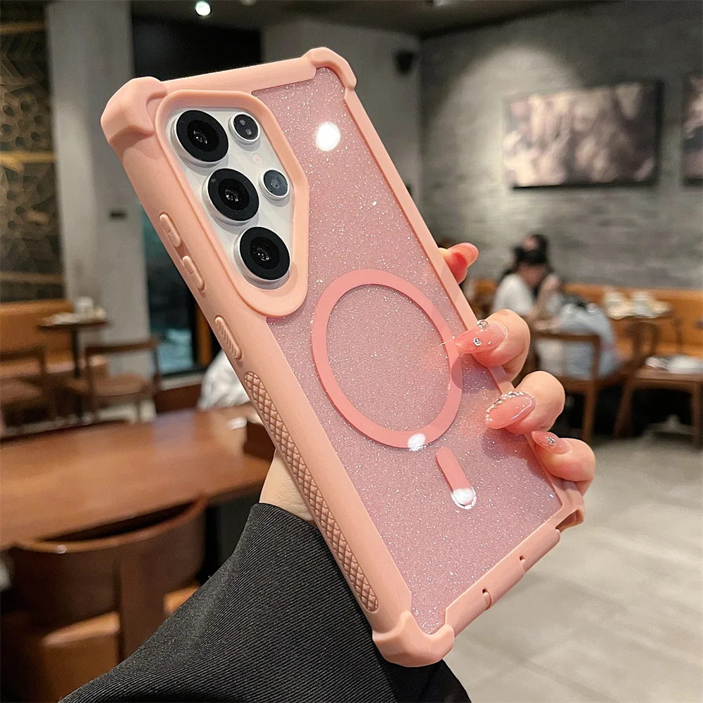 Color: SKY BLUE, Compatibility by Model: Galaxy S25 Ultra - For Magsafe Clear Armor Bumper Glitter Phone Case For Samsung S25 Ultra S24 Plus Wireless Charging Shockproof Protective Cover