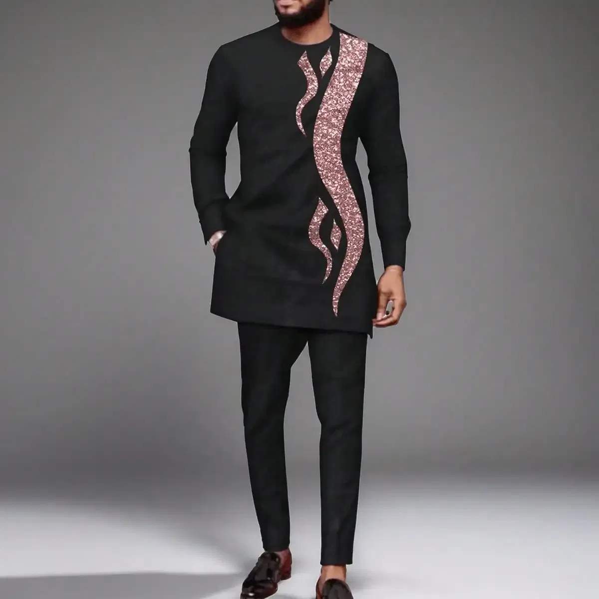 Men's Tenos Wedding 2-Piece Suit Waist Pants Shirt Solid Color Panel Long Sleeve Party African Ethnic Style Clothing (M-4XL)