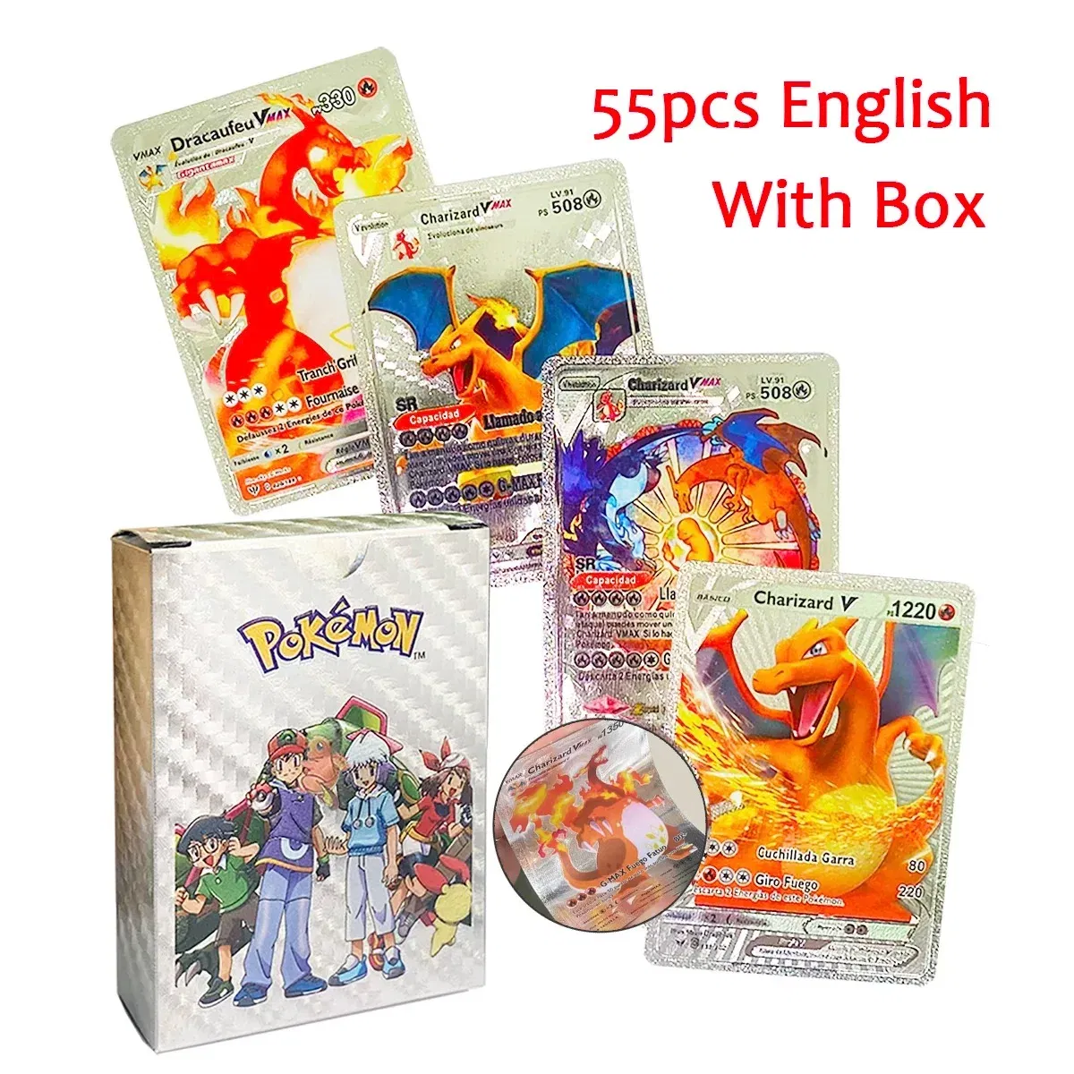 Color: Gold - 55PCS Pokemon Colorful Gold Foil Card Charizard Pikachu Arceus Diamond Rainbow English French German Spanish VSTAR GX VMAX Cards