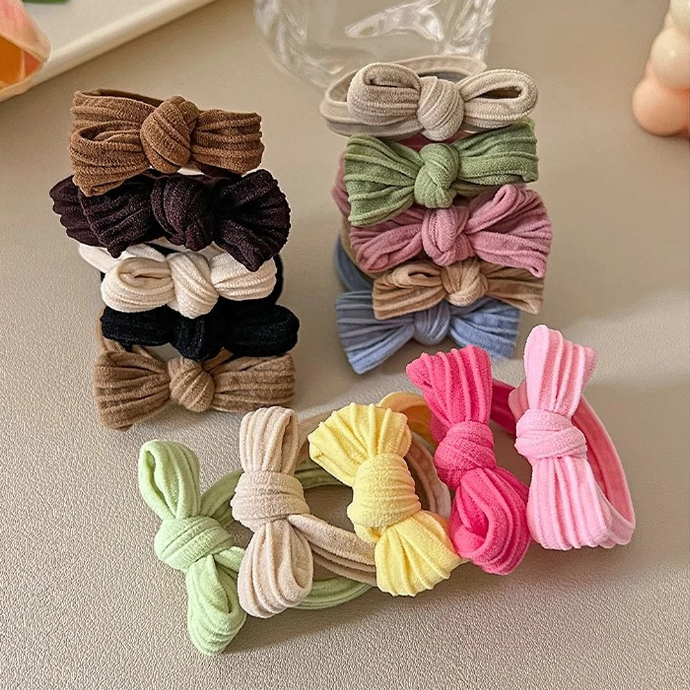 Color: Pink - 5pcs/Set Simple Bow Hair Ties Ropes Colorful Elastic Seamless Ponytail Holder Rubber Band For Toddler Girls