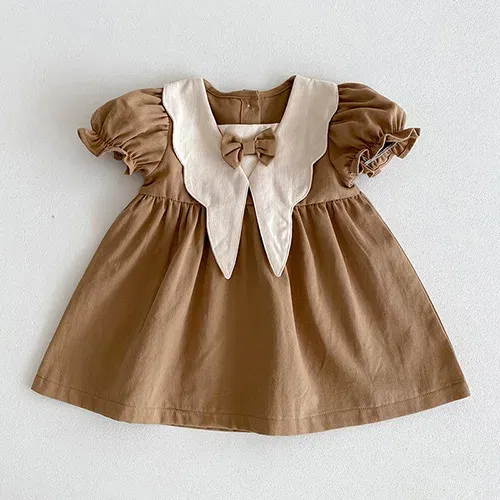Color: Beige, Kid Size: 12M - 2024 New 0-4Yrs Baby Girl Clothing Short Sleeve Cotton Splicing Kids Princess Dresses Baby Girl Party Dress