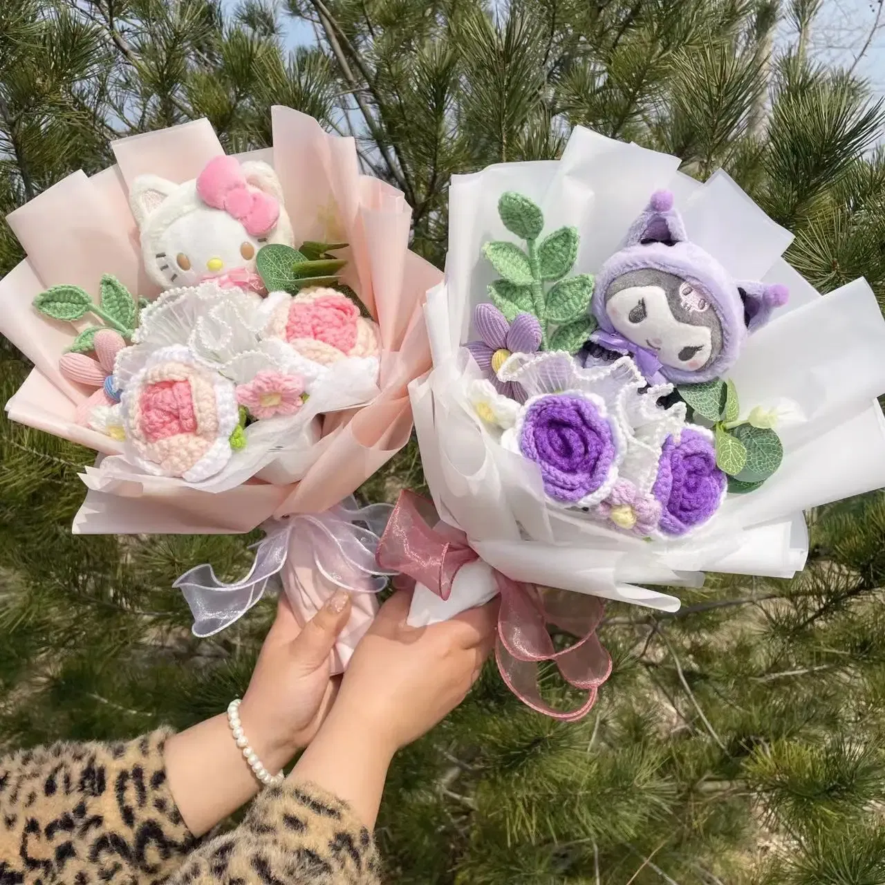 Color: Lemon yellow - Kawaii Hello Kitty Cat Dolls With Artificial Flowers Creative Bouquet Christmas Valentine Birthday Graduation Gifts