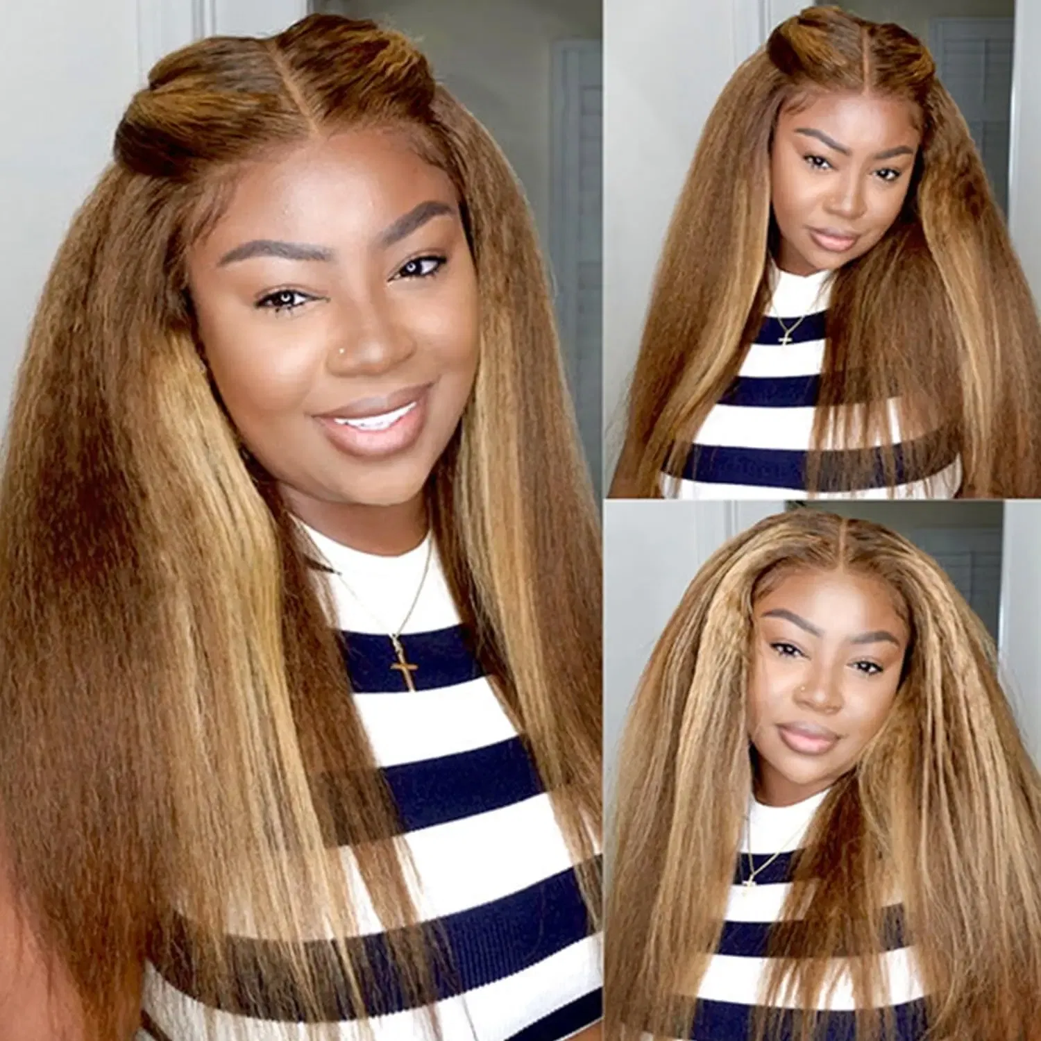13x6 Highlight Brazilian 4/27 Brown Blonde Color Lace Wigs Kinky Straight Transparent Lace Front Human Hair Wig For Women