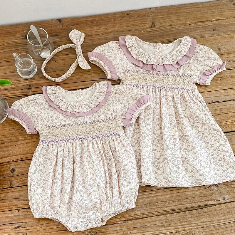 Color: Rose Red, Kid Size: 5T - 2024 New Summer Kids Princess Dresses Short Sleeved Cotton Print Baby Girl Party Dress Infant Girl Romper Sister Clothing