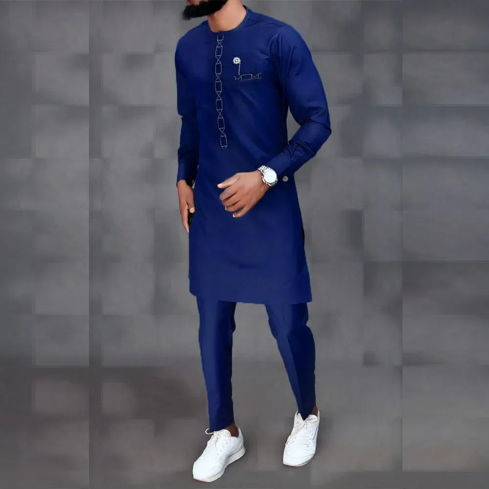 New Dashiki Men's Set Grey Round Neck Long Sleeve Luxury Brand Men's Suit Casual Slim Fit Men's Set Wedding Evening Suit