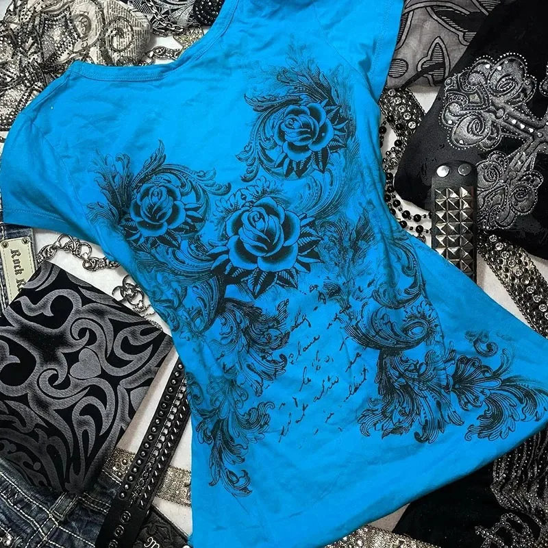 Color: Blue, Size: S - Women's Y2k Grunge T-Shirts 2000s Vinage Rhinestone Print Heart Rose T-Shirt Aesthetics Harajuku Round Neck Tops street fashion