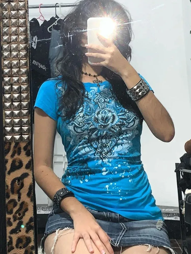 Color: Blue, Size: S - Women's Y2k Grunge T-Shirts 2000s Vinage Rhinestone Print Heart Rose T-Shirt Aesthetics Harajuku Round Neck Tops street fashion