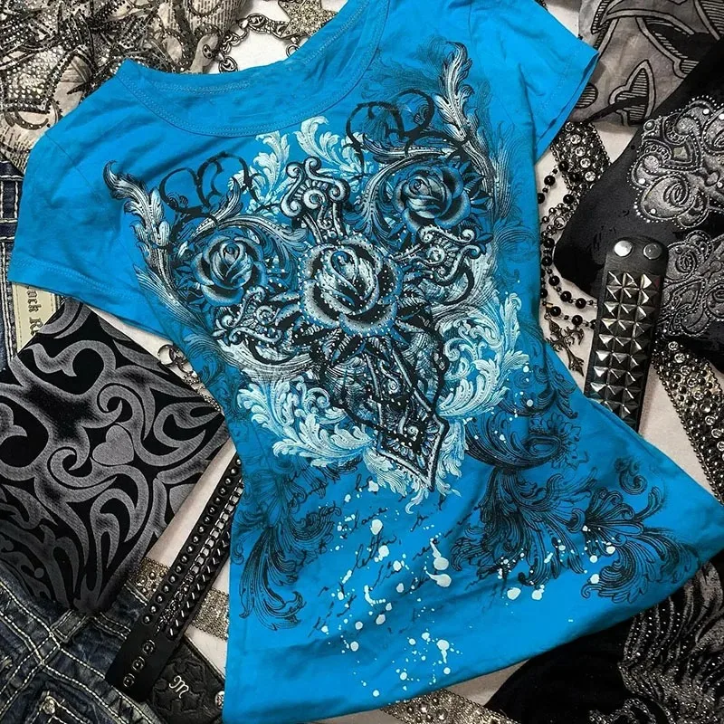 Color: Blue, Size: S - Women's Y2k Grunge T-Shirts 2000s Vinage Rhinestone Print Heart Rose T-Shirt Aesthetics Harajuku Round Neck Tops street fashion