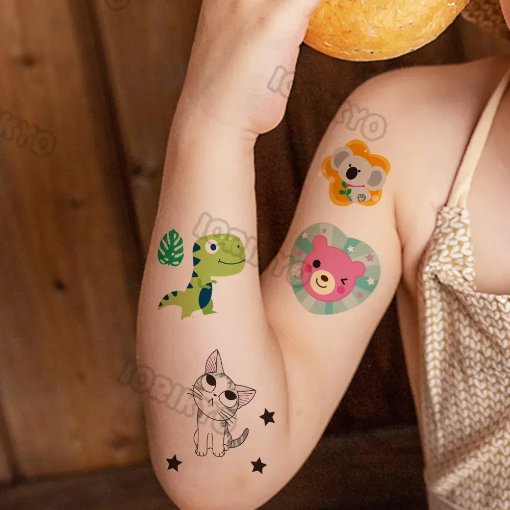Color: light yellow - Watercolor Cat Bear Temporary Tattoos For Kids Children Boys Girls Fake Cute Dinosaur Tattoo Stiker Koala Star Face Tatoos Hands