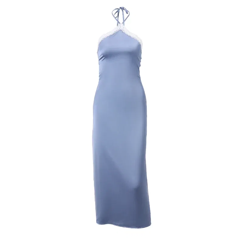 Color: Blue, Size: M - WhereMery Sexy Satin Off Shoulder Maxi Dresses Aesthetic Lace Stitch Backless Sundress 2023 Summer Beachwear Elegant Party Robe
