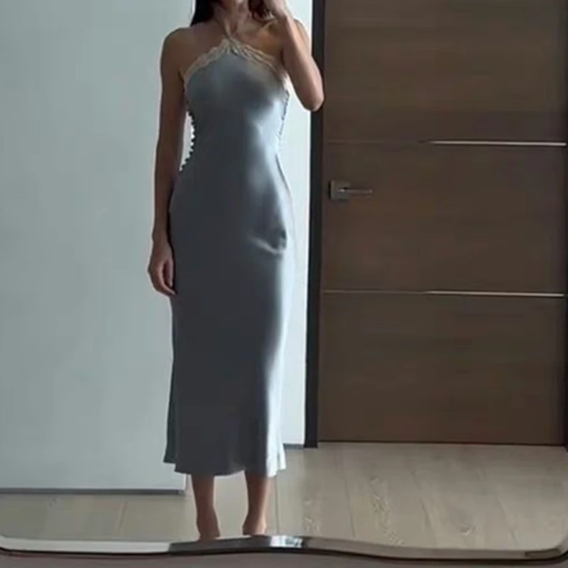 Color: Blue, Size: M - WhereMery Sexy Satin Off Shoulder Maxi Dresses Aesthetic Lace Stitch Backless Sundress 2023 Summer Beachwear Elegant Party Robe