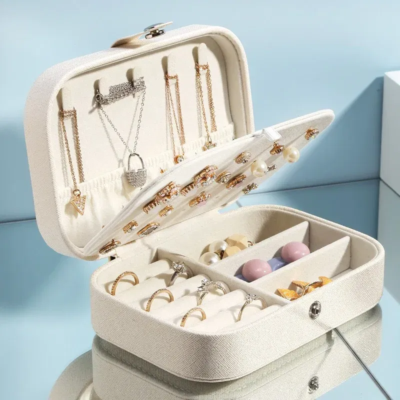 Color: PURPLE - 2023 Portable Jewelry Box Jewelry Organizer Display Travel Jewelry Case Boxes Button Leather Storage Zipper Jewelers Joyero