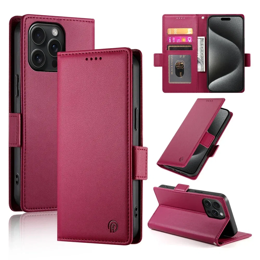 Color: Red, Material: PU - PU Leather Flip Phone Case For iPhone 16 15 Pro Max 16E 14 13 1211 XS Max XR X 8 7 Plus SE KickStand Cards Solt Wallet Cover