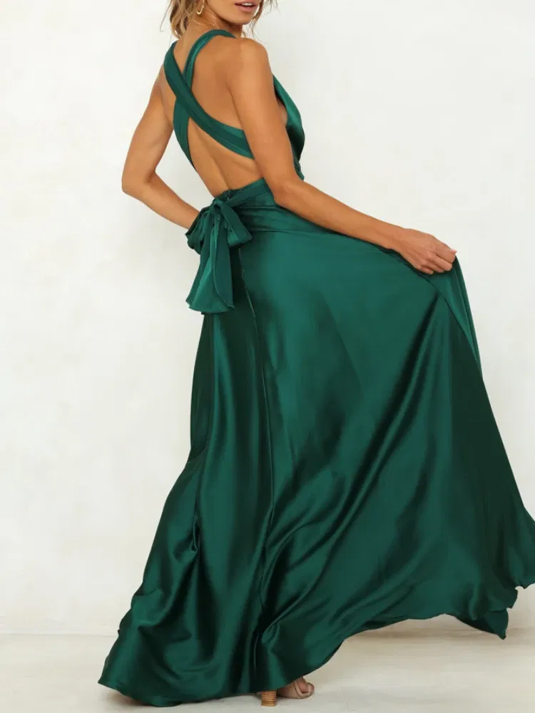 Color: green, Size: XL - Summer New Women's Long Dress Fashion Temperament Solid Color Bandage V-neck Sexy Women's Backless High-waisted Swing Dress