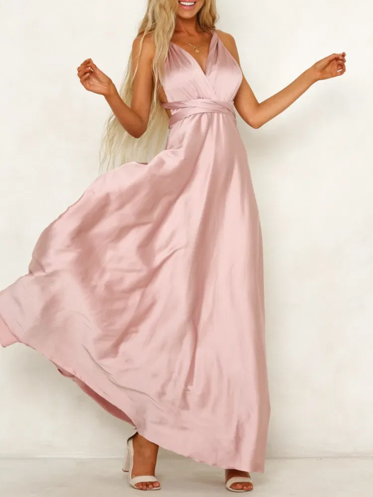 Color: green, Size: XL - Summer New Women's Long Dress Fashion Temperament Solid Color Bandage V-neck Sexy Women's Backless High-waisted Swing Dress