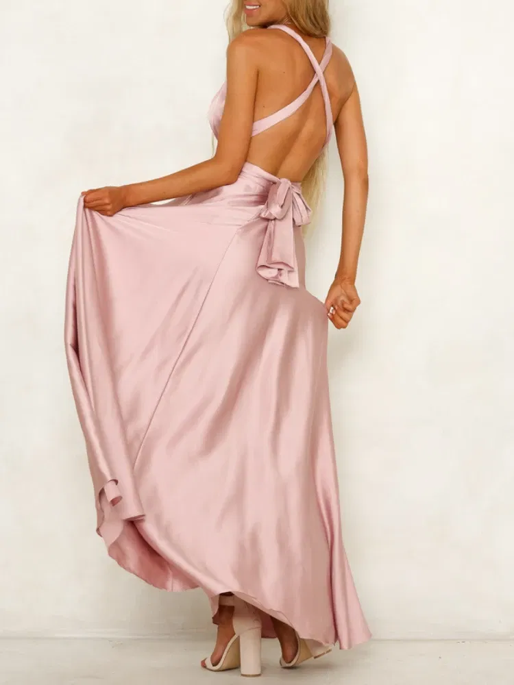 Color: green, Size: XL - Summer New Women's Long Dress Fashion Temperament Solid Color Bandage V-neck Sexy Women's Backless High-waisted Swing Dress