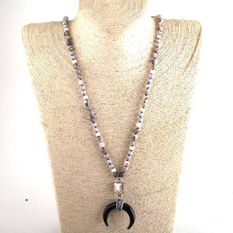 Metal Color: Blue Zinc, Length: 45cm, Ships From: CHINA - Fashion Bohemian Jewelry Natural Stones Crystal Glass Knotted Ox Horn Moon Pendant Necklace Women Boho Necklaces  Girls