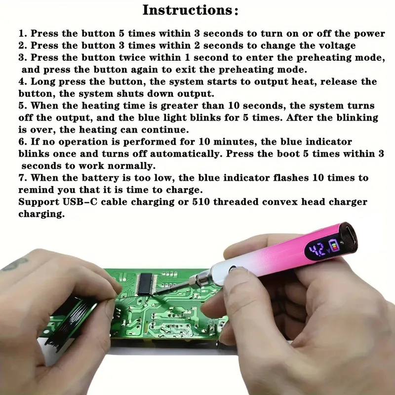 Color: PURPLE - 1PCS510 threaded battery pen soldering iron with USB-C fast charging interface, soldering kit with three gradient color options