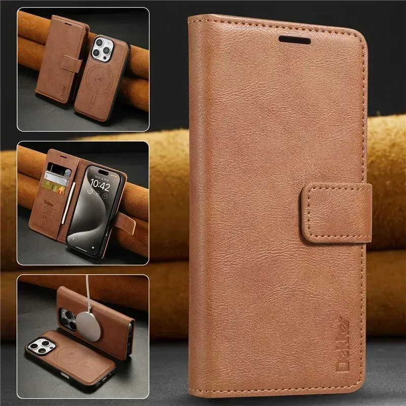 Color: Brown, Material: Denim - 2 in 1 MagSafe Wallet Case for IPhone 16 Promax 15 Plus 14 Pro Max 13 12 Iphone16 Magnetic Wireless Charging Phone Cover