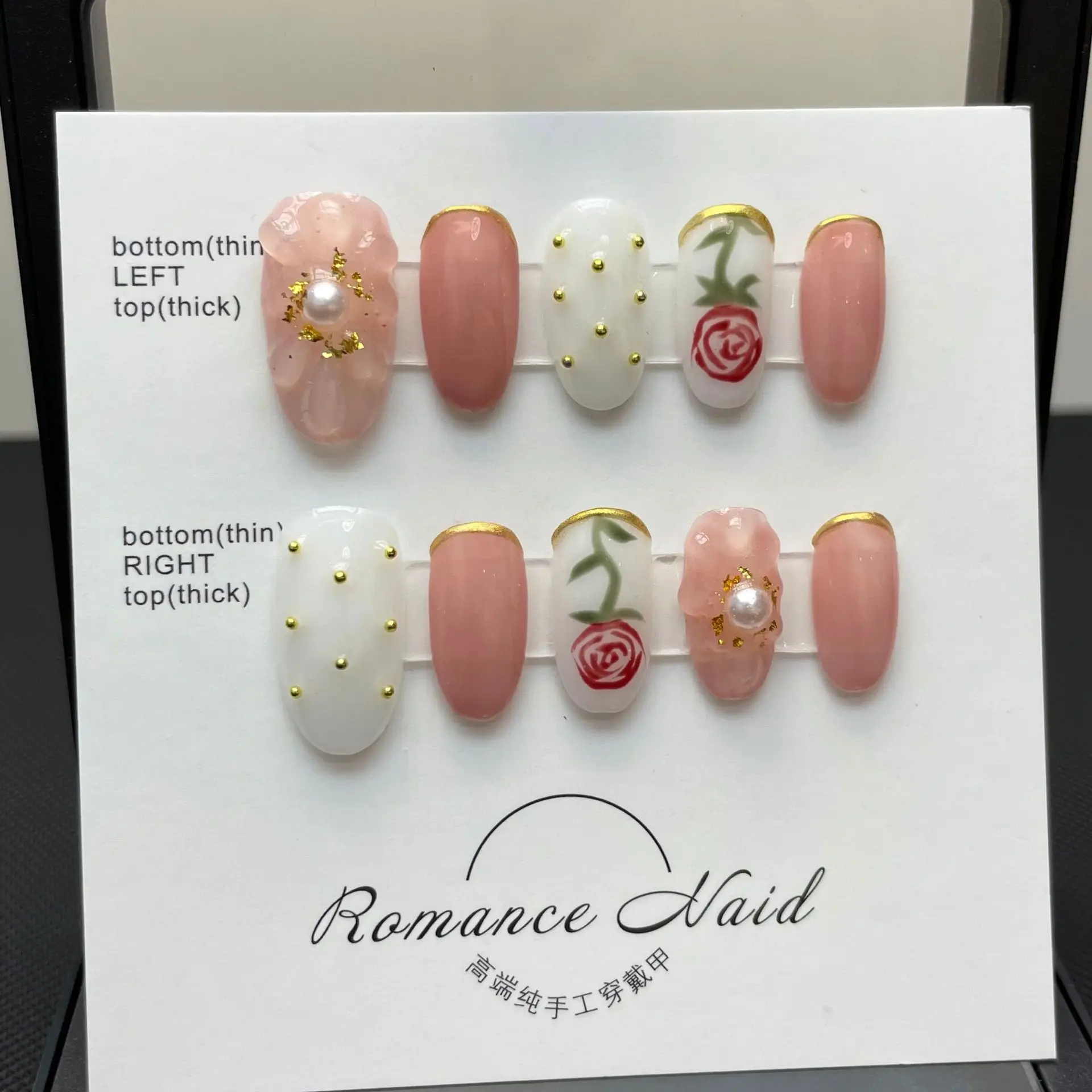 Color: GRAY - 10 pcs Luxury Handmade Press on Nails Middle Ellipse Pink Tulip Design False Nails with 4-PIECE Tool Adhesive Nail Glue Tabs
