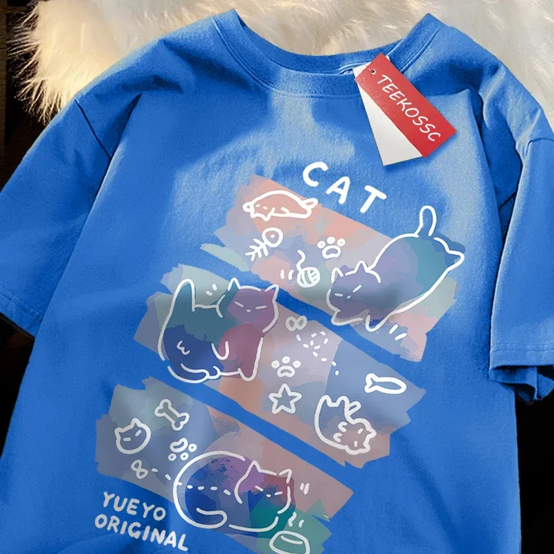 Color: army green, Size: XL - Fun Mischievous Cat Print Japanese Style T-Shirts Men Women Fashion Tshirs Breathable Summer T-Shirts Cotton Loose Tee Clothes