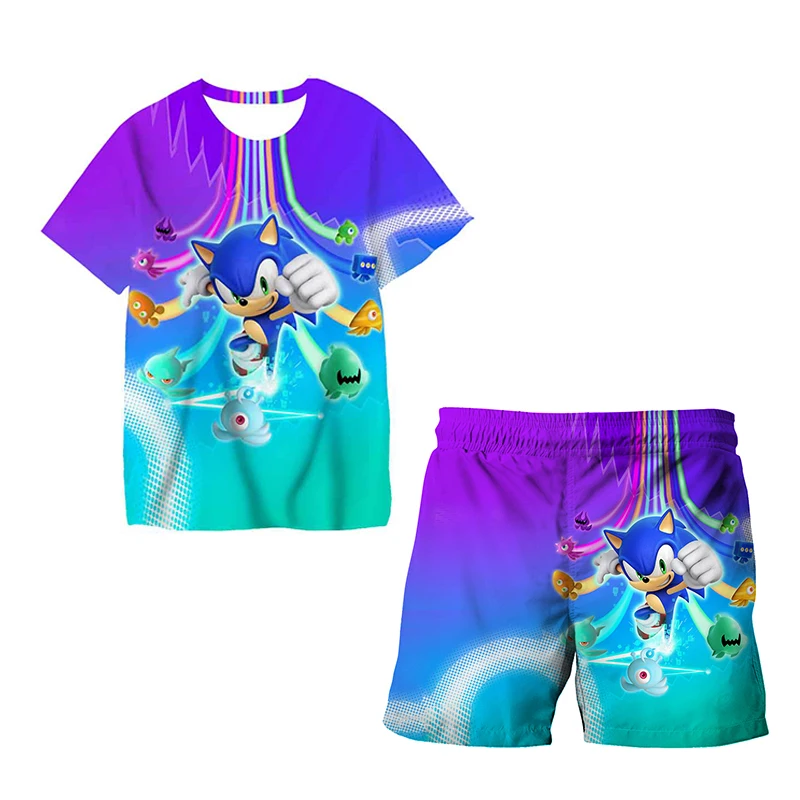Color: GRAY, Size: >40cm - New Japanese cartoon Sonic T-shirt children's top T-shirt shorts two-piece set summer boy cartoon cute T-shirt+beach pants
