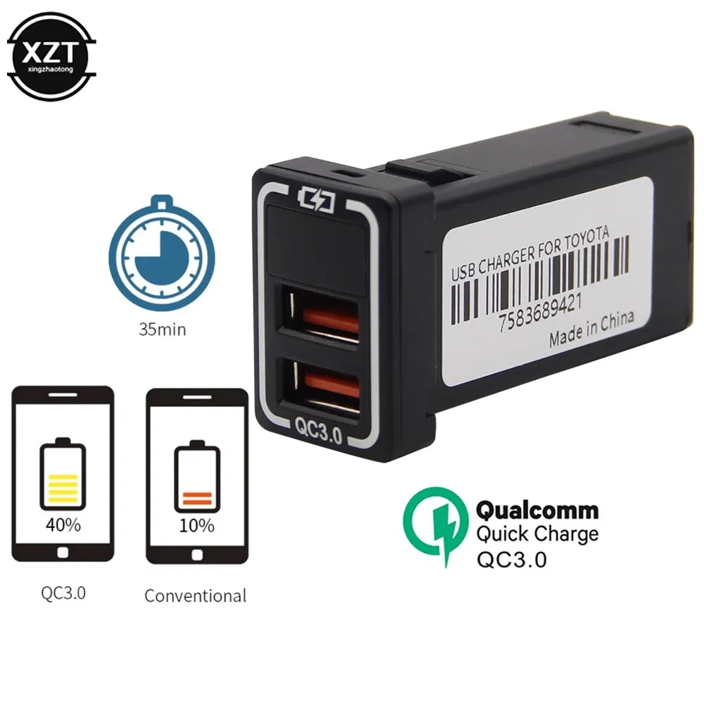 Color Name: Blue - Universal Dual USB Port Car Charger AUX Audio Socket QC3.0 Quick Charging Adapter with LED Voltmeter Display For Toyota