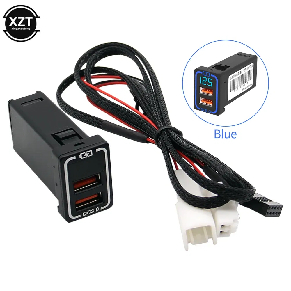 Color Name: Blue - Universal Dual USB Port Car Charger AUX Audio Socket QC3.0 Quick Charging Adapter with LED Voltmeter Display For Toyota