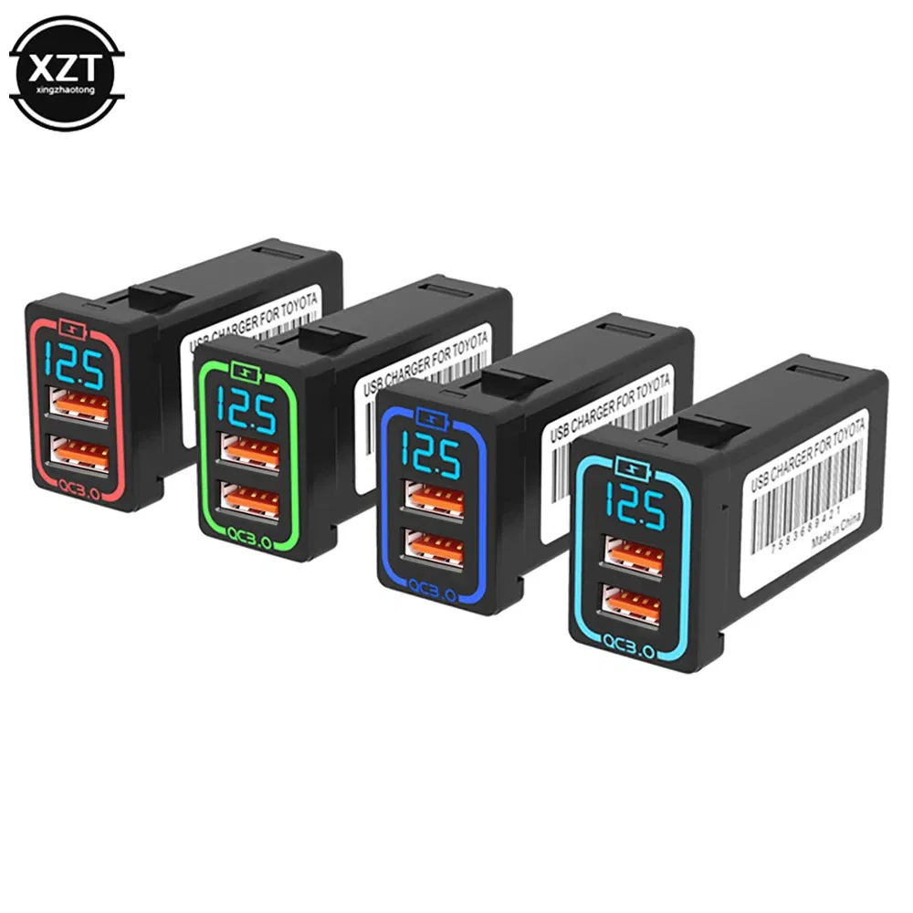 Color Name: Blue - Universal Dual USB Port Car Charger AUX Audio Socket QC3.0 Quick Charging Adapter with LED Voltmeter Display For Toyota