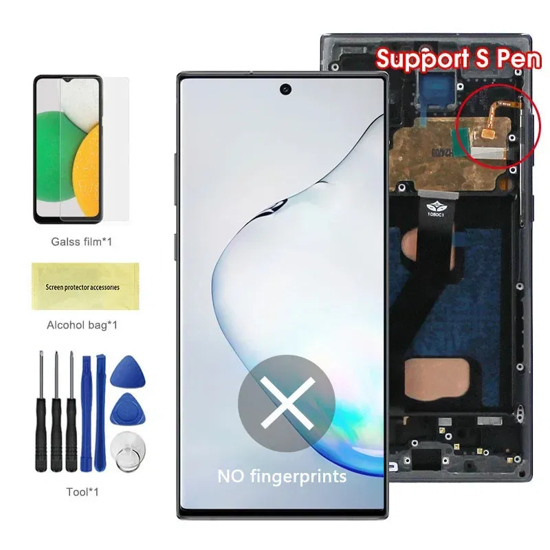 Color: indigo, Ships From: CHINA - Top AMOLED Note 10 Plus Screen for Samsung Galaxy Note10+ N975F Lcd Display Touch Screen Support S Pen Fingerprints with Frame