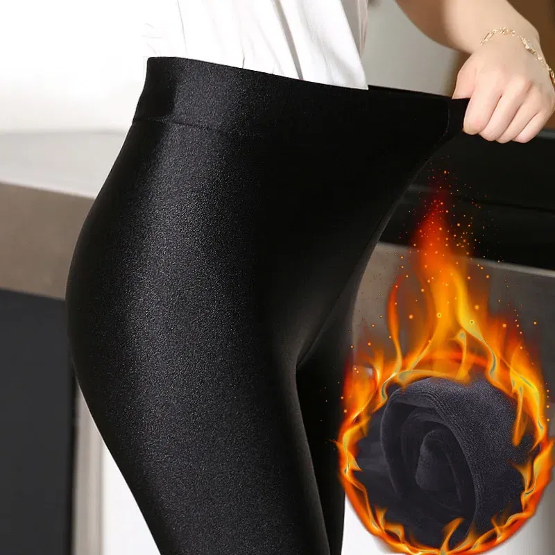 Color: Beige, Size: L - 6XL Large Size Women's Leggings Winter Thermal Tights Thin Fleece High Waist Sexy Slim Elastic Pants Female Luster Leggings