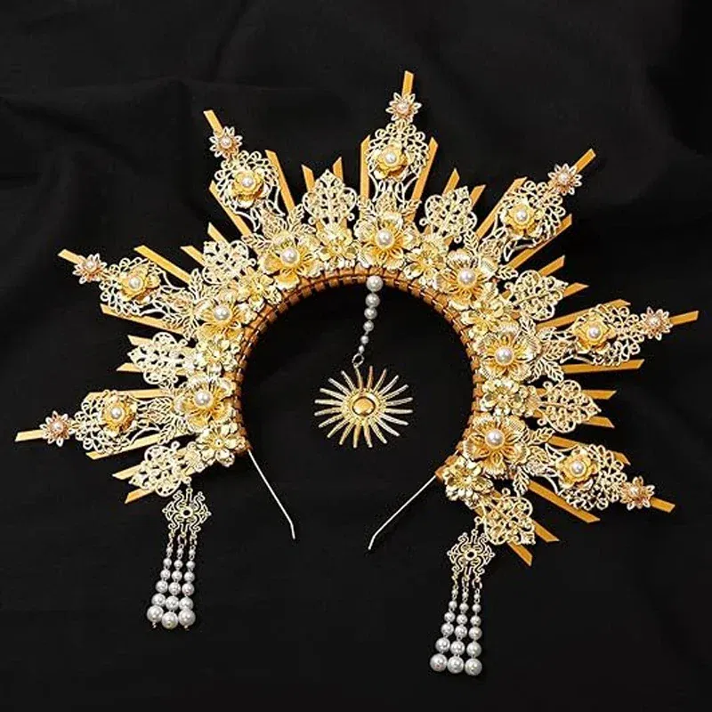 Color: Orange - MATERIAL  PACKAGE Sunburst Goddess Gold Spike Mary Halo Crown Headpiece NYLON ZIP TIE Wedding Bride Hair Band Tiar