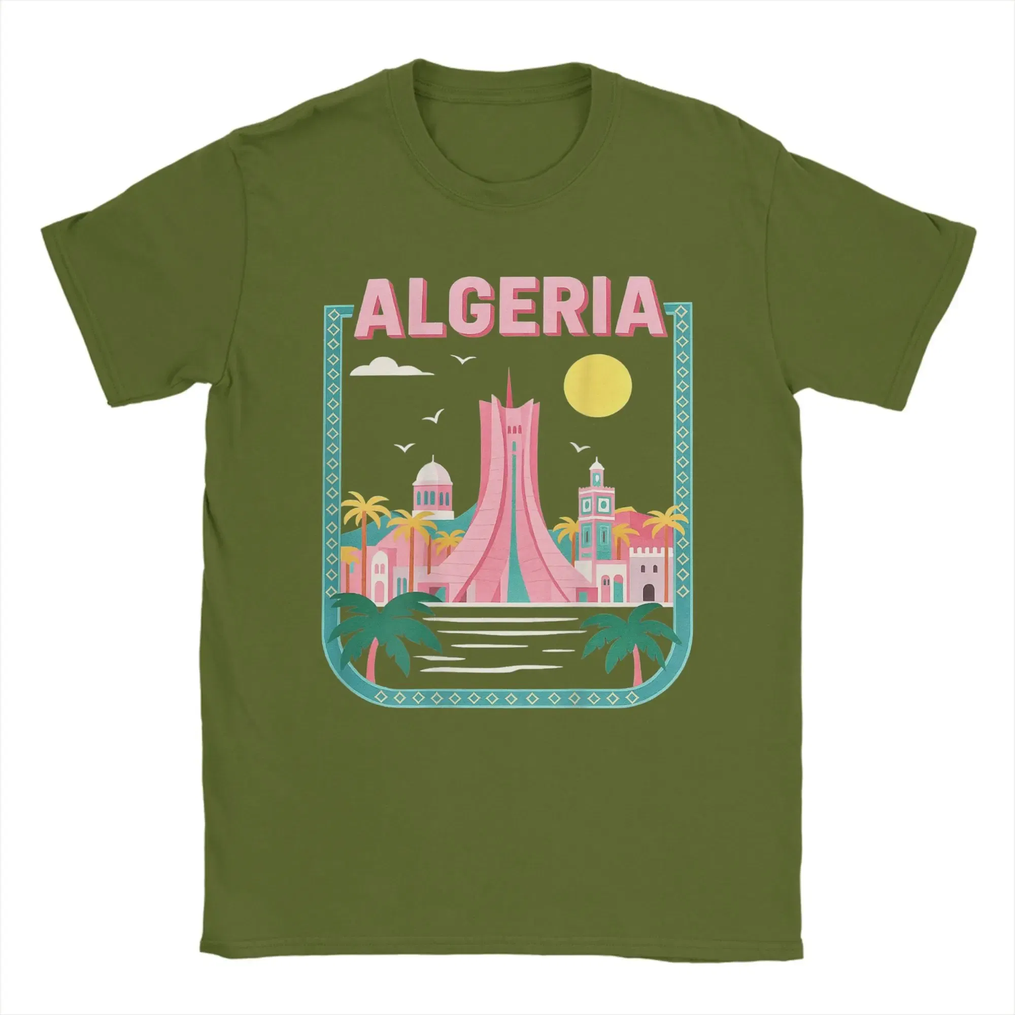 Color: army green, Size: M - Men Algeria DZ City Algerian T Shirts Africa Arab Pure Cotton Clothes Hipster Short Sleeve Crewneck Tees Gift Idea T-Shirt