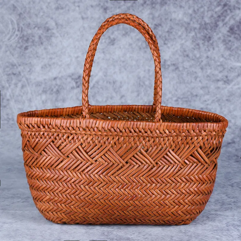 Color: Blue - Designer woven totes bag women genuine leather cowskin knitting basket handbag female hollow out bucket bag 2025 summer new