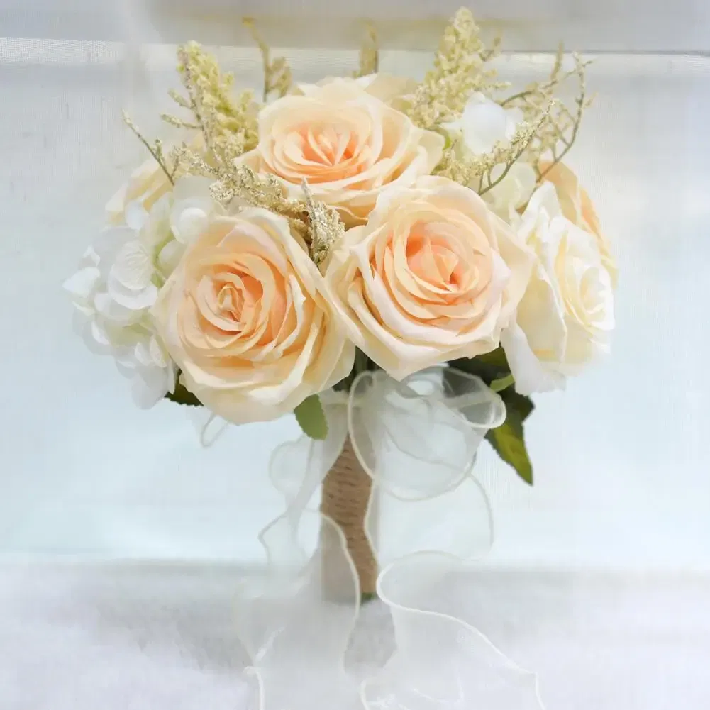 Color: Pink, Ships From: CHINA - Non-fading Artificial Rose Realistic Reusable Wedding Artificial Rose Bouquet with Ribbon Bowknot Green Leaves Elegant