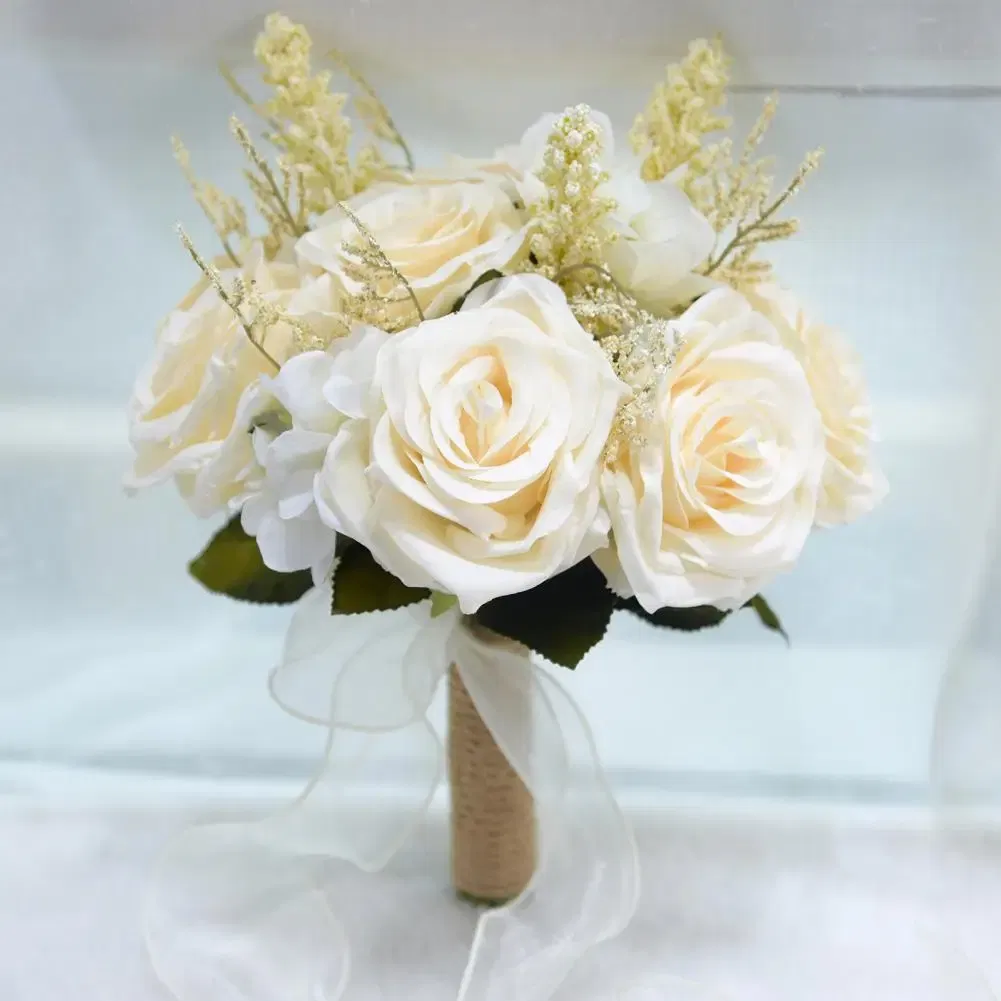 Color: Pink, Ships From: CHINA - Non-fading Artificial Rose Realistic Reusable Wedding Artificial Rose Bouquet with Ribbon Bowknot Green Leaves Elegant