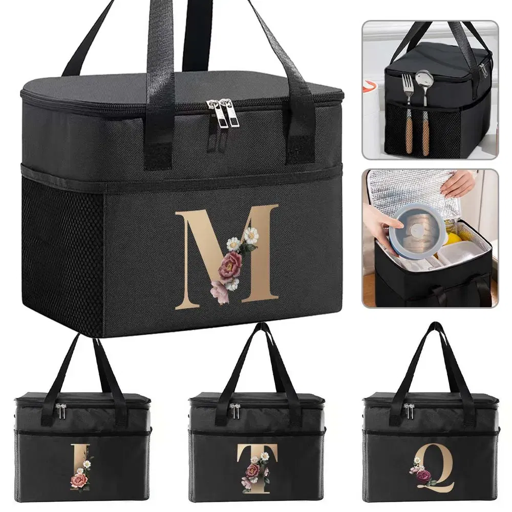 Color: Ivory - Thermal Bag Portable Lunch Bags Insulated Cooler Bag Food Bento Bags Printing Gold Letter Series Travel Picnic Storage Ice Bags