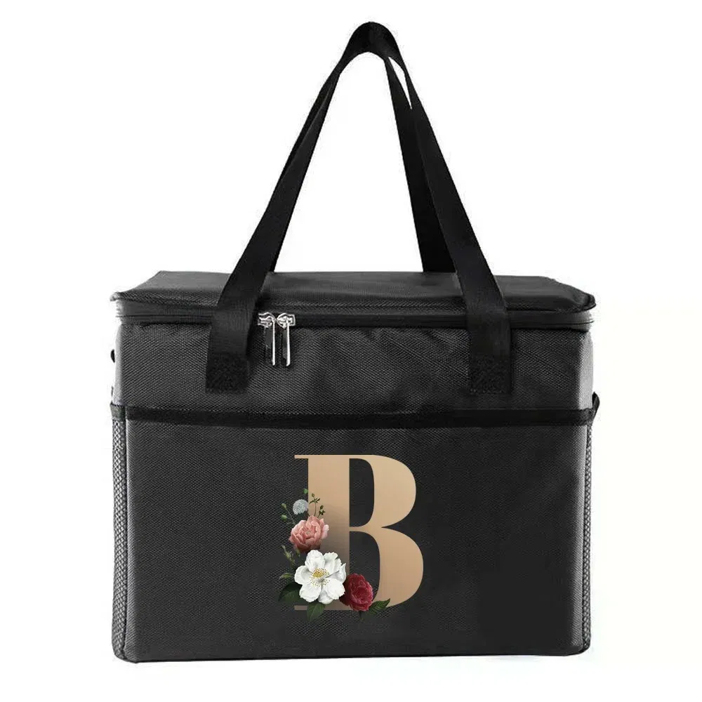 Color: Ivory - Thermal Bag Portable Lunch Bags Insulated Cooler Bag Food Bento Bags Printing Gold Letter Series Travel Picnic Storage Ice Bags
