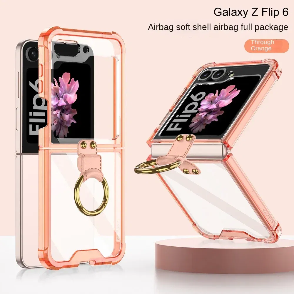 Color: Beige, Material: aluminum - Electroplated Transparent Airbag Ring Phone Case for Samsung Galaxy Z Flip 6 5 Flip6 Flip5 5G Stand Shockproof Cover