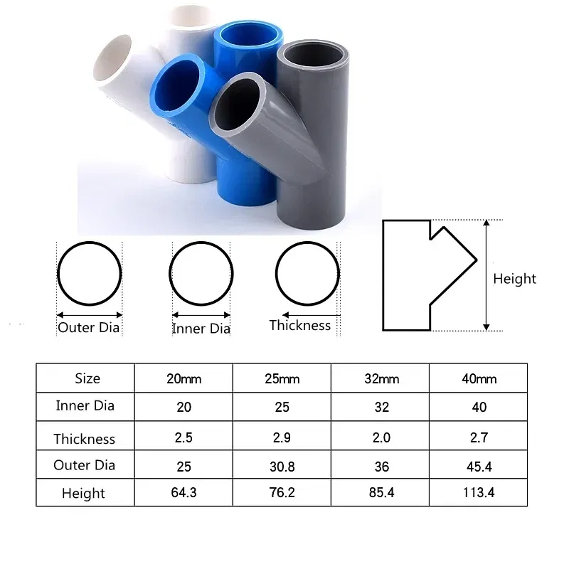 Color: grey, Diameter: 3/8'' - 1~10PCS I.D 20/25/32/40mm  PVC Oblique Tee 45 Degree Connector Garden Irrigation Aquarium Fish Tank Watering Fittings Joint