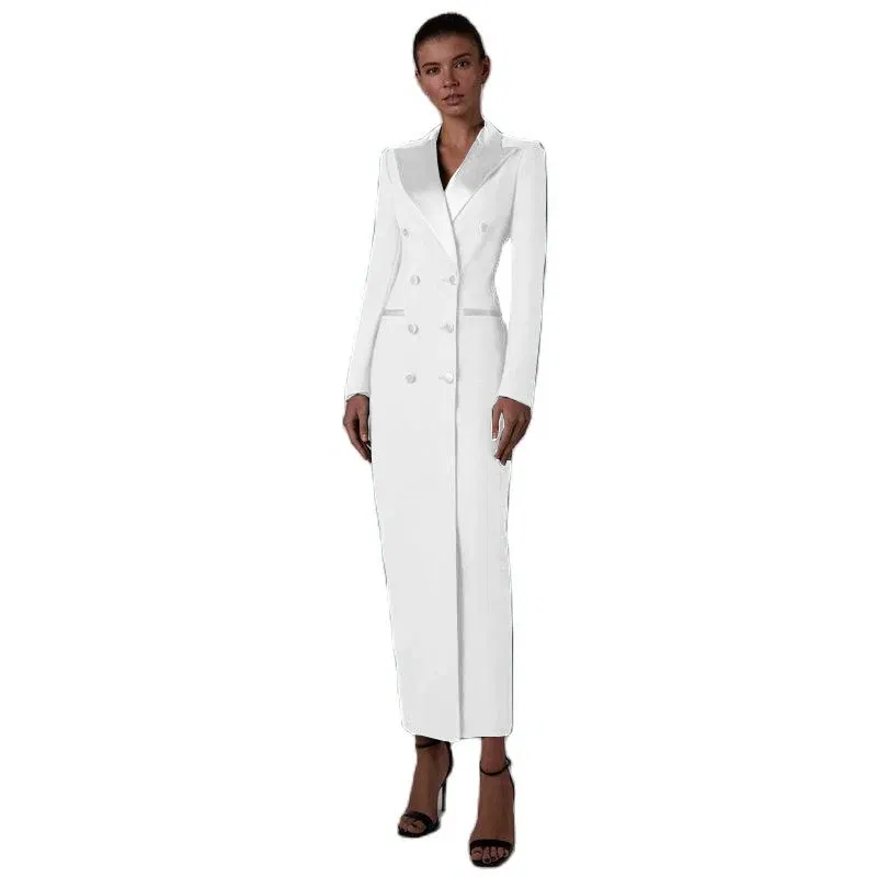 Color: WHITE, Size: XS - Women's Suit Long Jacket One Piece Blazer Double Breasted Formal Tuxedo Party Dress кос?‚юм ?¶?µнский