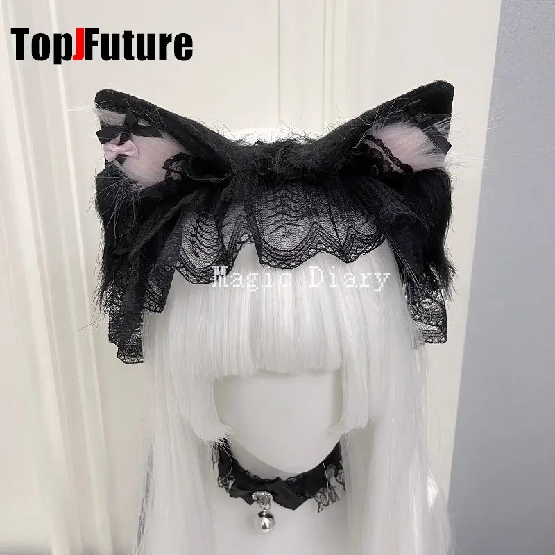 Color: Yellow, Size: One Size - Japanese Subculture Y2K Girls Cosplay Lace Ruffle Beast ear Hair band Gothic Lolita Harajuku Women's Hair hoops Hair Accessories