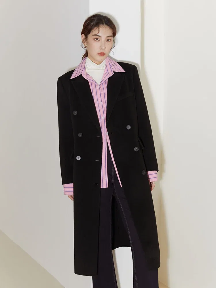 Color: camel, Size: XL - DUSHU Women Long Woolen Coats British Style Suit Collar Wool Jacket Women Brown Plaid Wool Coats